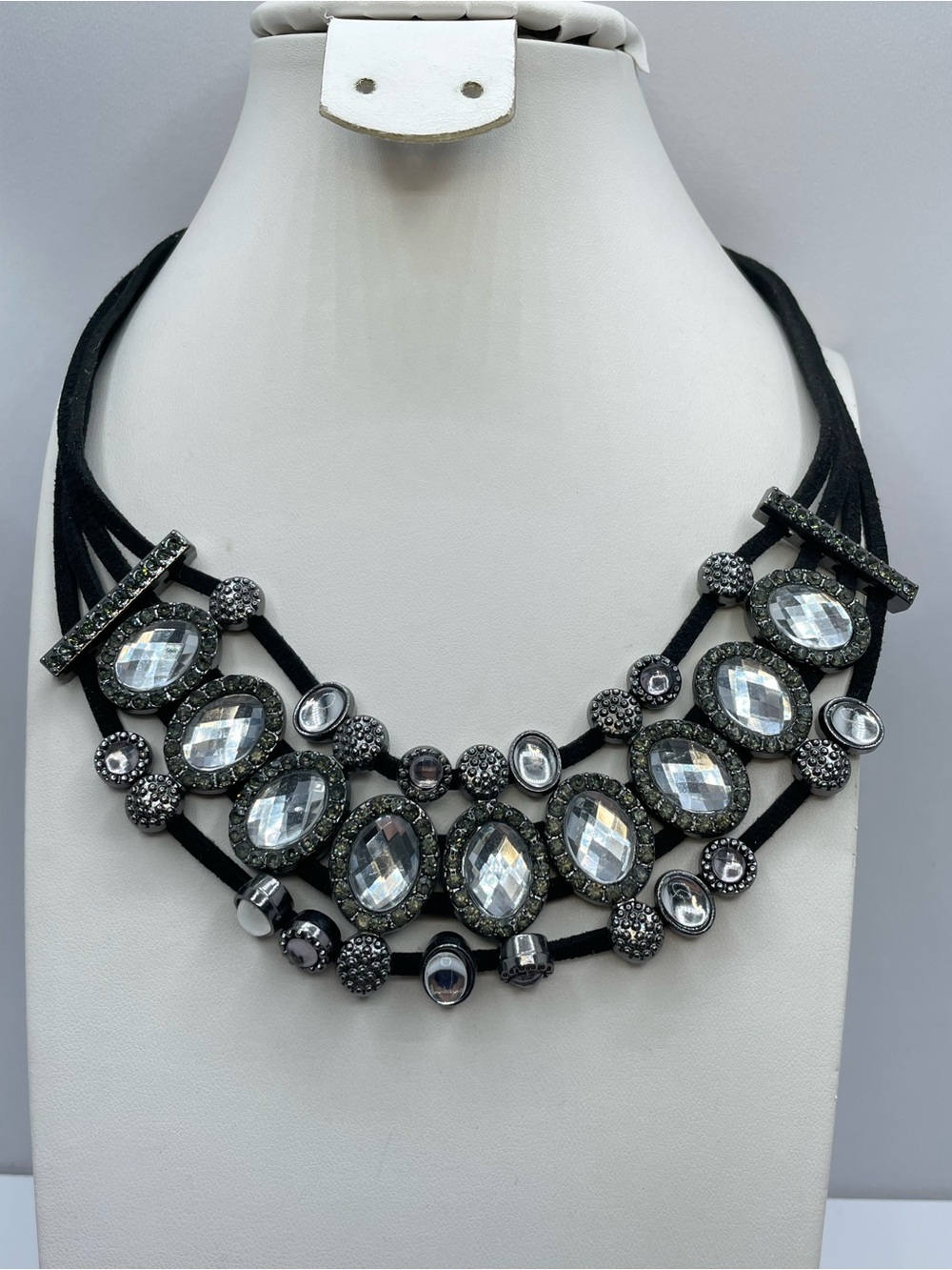 Gothic Black Suede White Crystal Collar Necklace Gunmetal Statement Bold